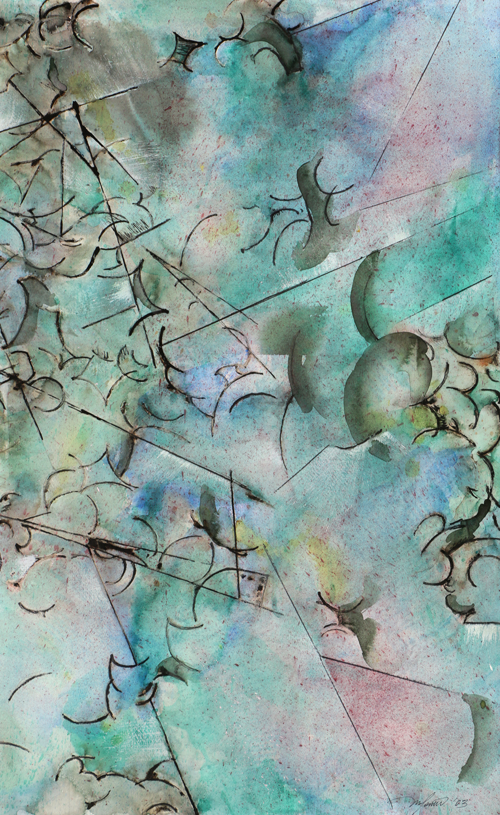 Ricardo Morin Abstract Ink and Watercolor Painting on Paper from "Sonata Series"