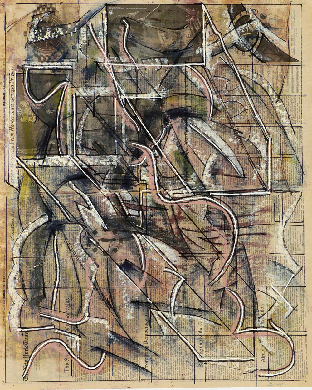 Ricardo Morin Abstract Mixed Media Painting on Newspaper