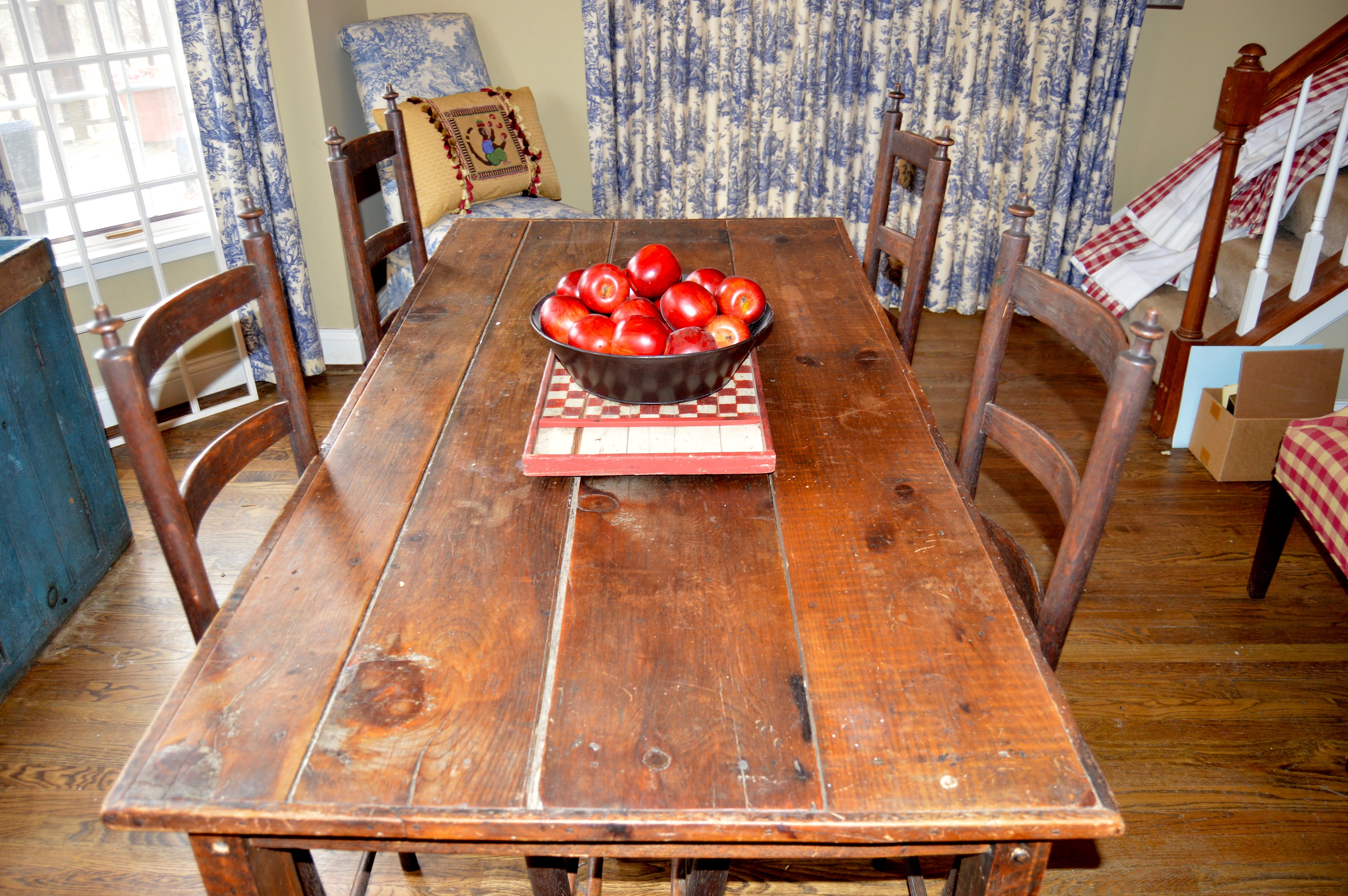 Primitive Wood Dining Table and Ladder Back Chairs