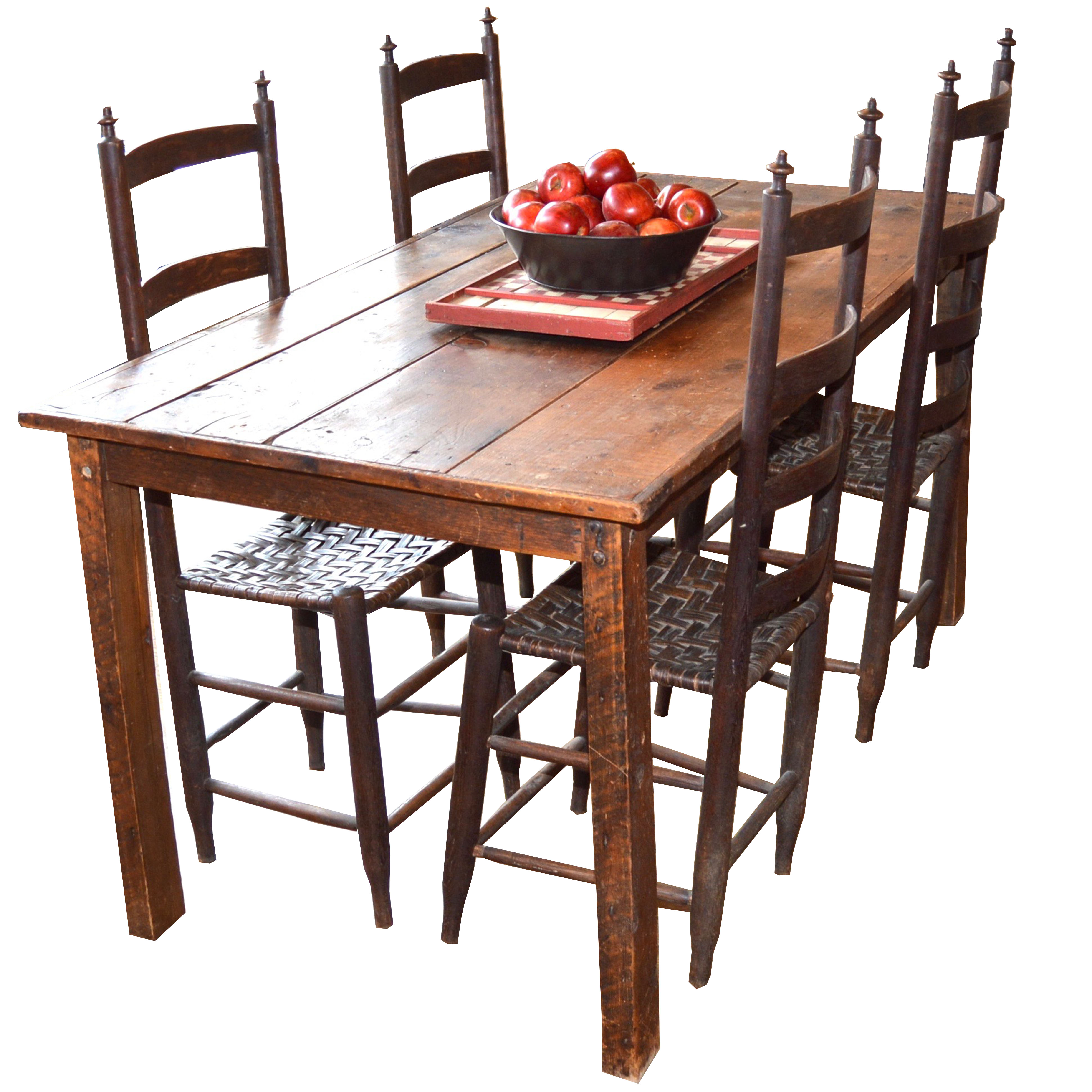 Primitive Wood Dining Table and Ladder Back Chairs