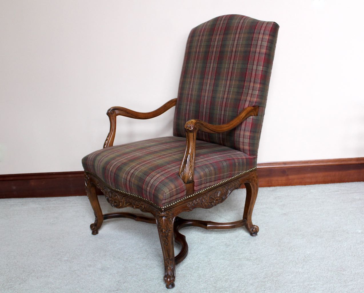 Two Traditional Style Wood Upholstered High Back Arm Chairs