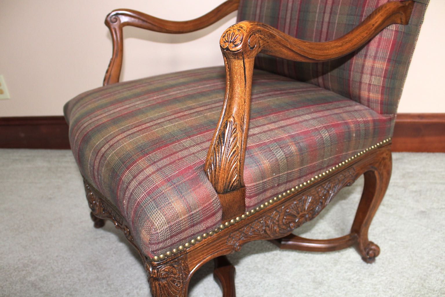 Two Traditional Style Wood Upholstered High Back Arm Chairs