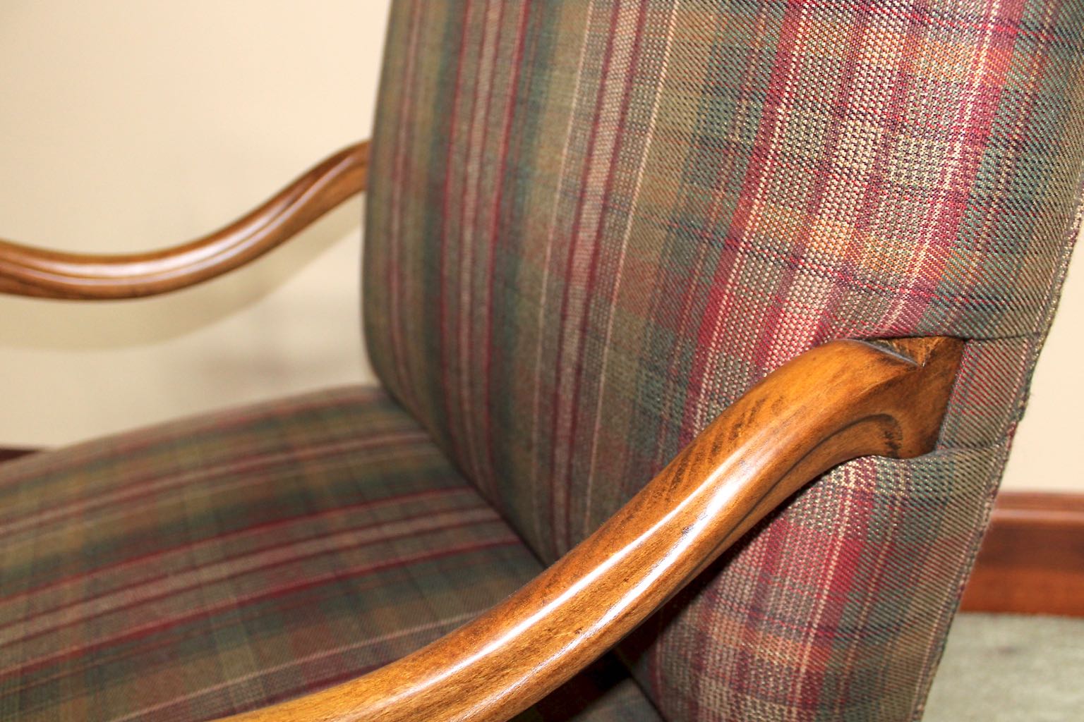 Two Traditional Style Wood Upholstered High Back Arm Chairs