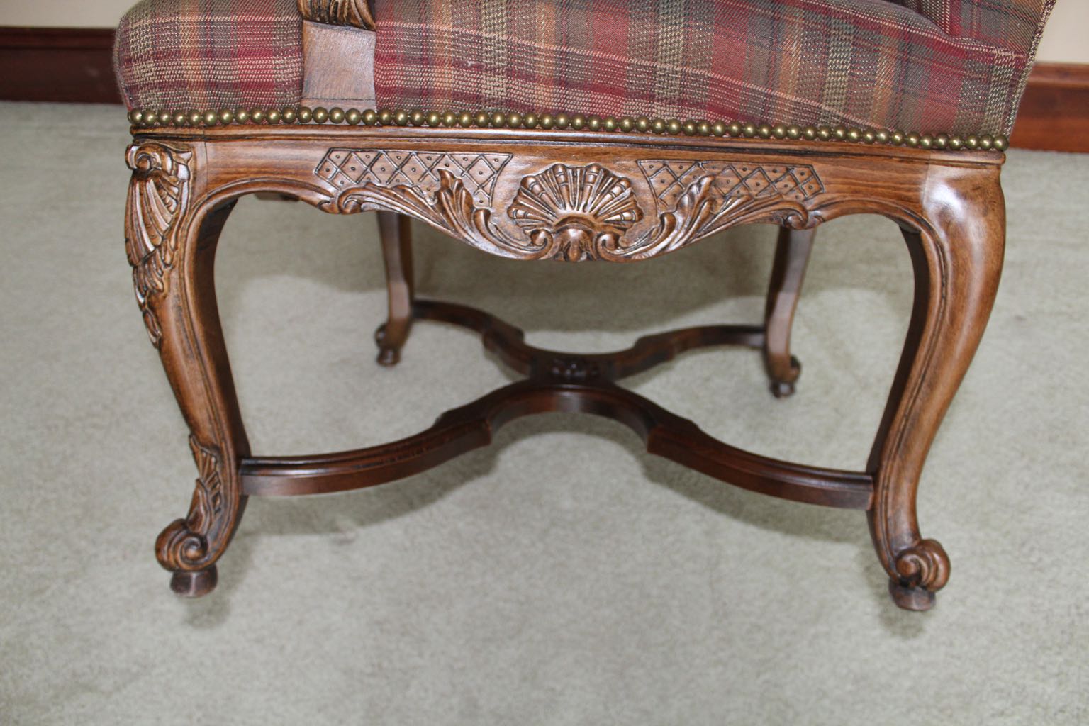 Two Traditional Style Wood Upholstered High Back Arm Chairs