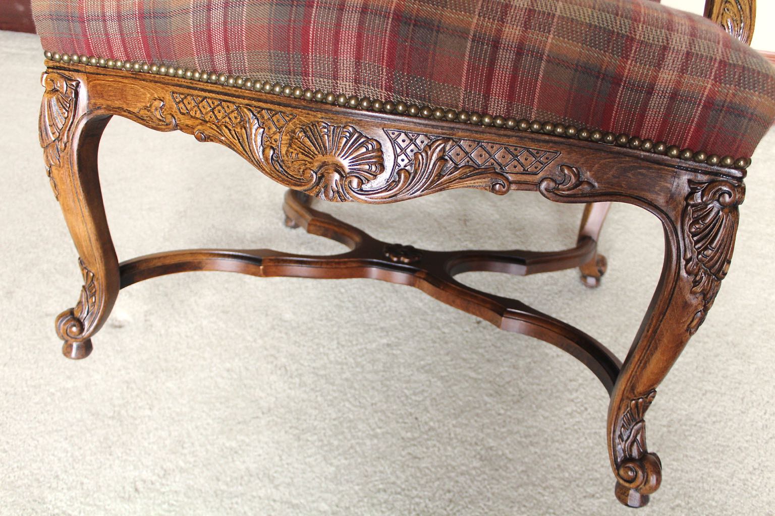 Two Traditional Style Wood Upholstered High Back Arm Chairs