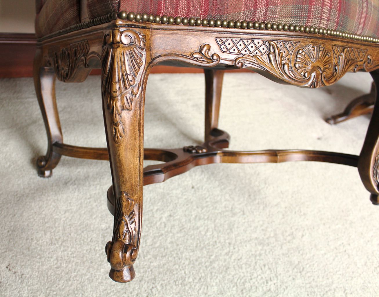 Two Traditional Style Wood Upholstered High Back Arm Chairs