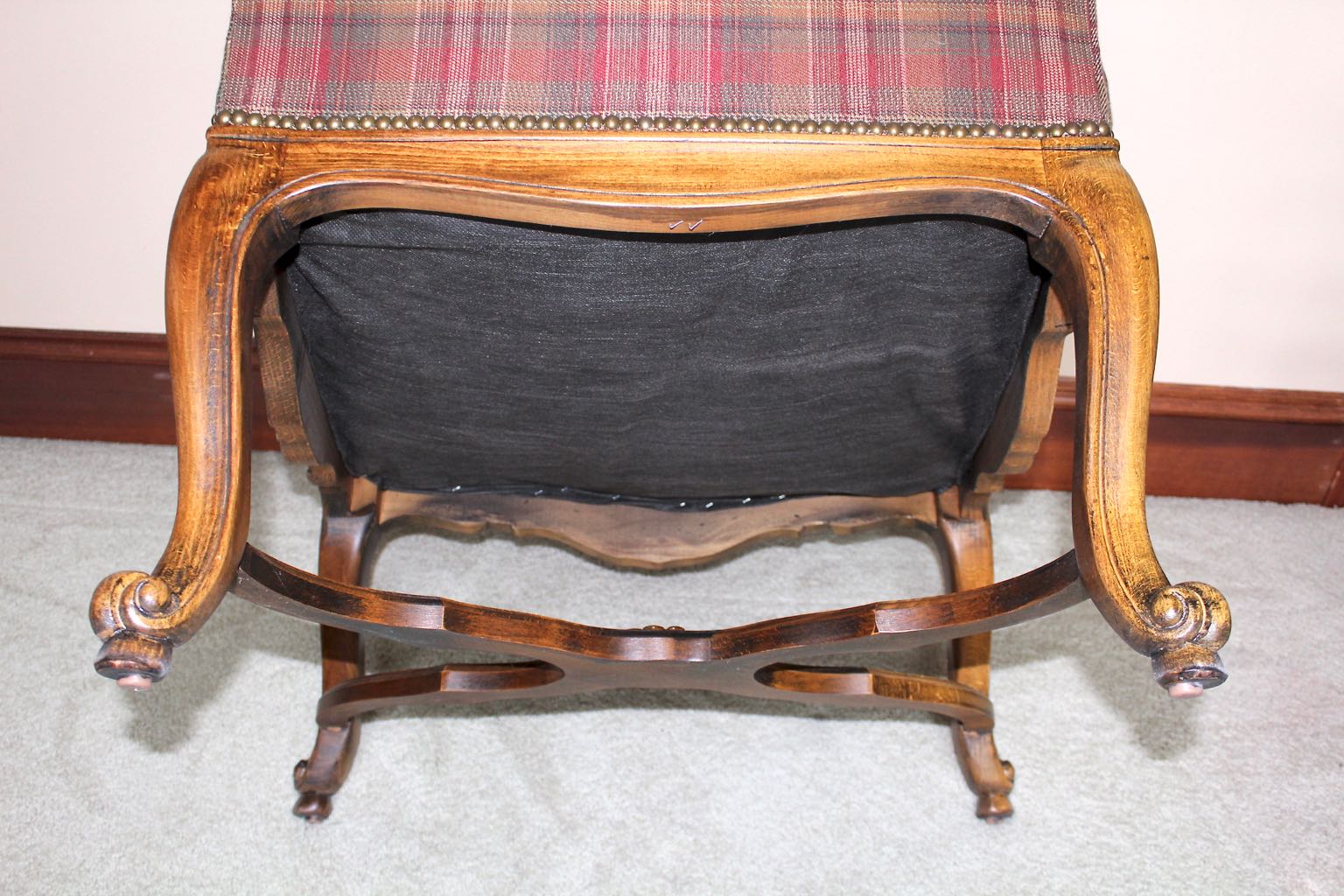 Two Traditional Style Wood Upholstered High Back Arm Chairs