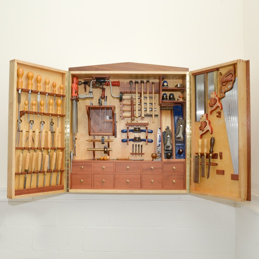 Custom Made Wall-Mounted Tool Cabinet with Hand Tools