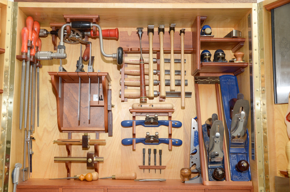 Custom Made Wall-Mounted Tool Cabinet with Hand Tools