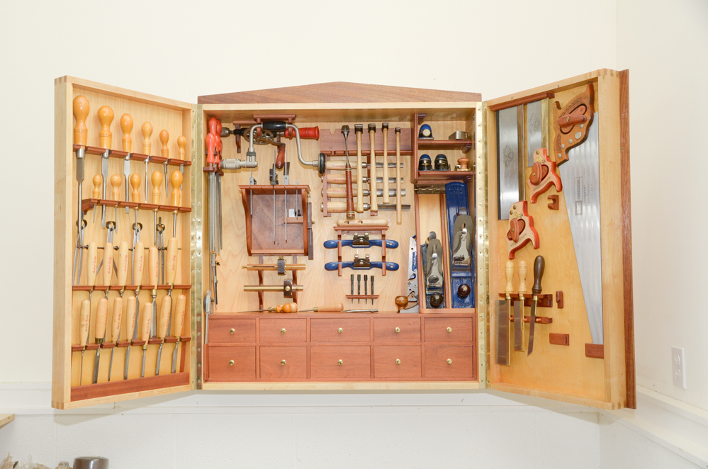 Custom Made Wall-Mounted Tool Cabinet with Hand Tools