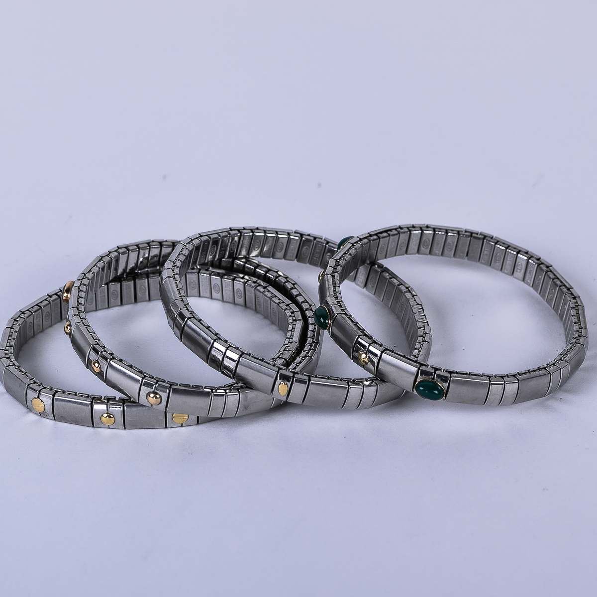 Set of Stainless Steel Stretch Bracelets With 18K Yellow Gold and Natural Stone Accents