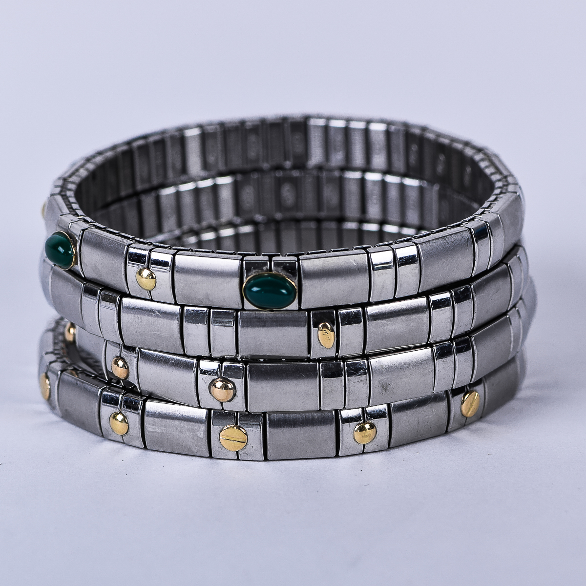 Set of Stainless Steel Stretch Bracelets With 18K Yellow Gold and Natural Stone Accents