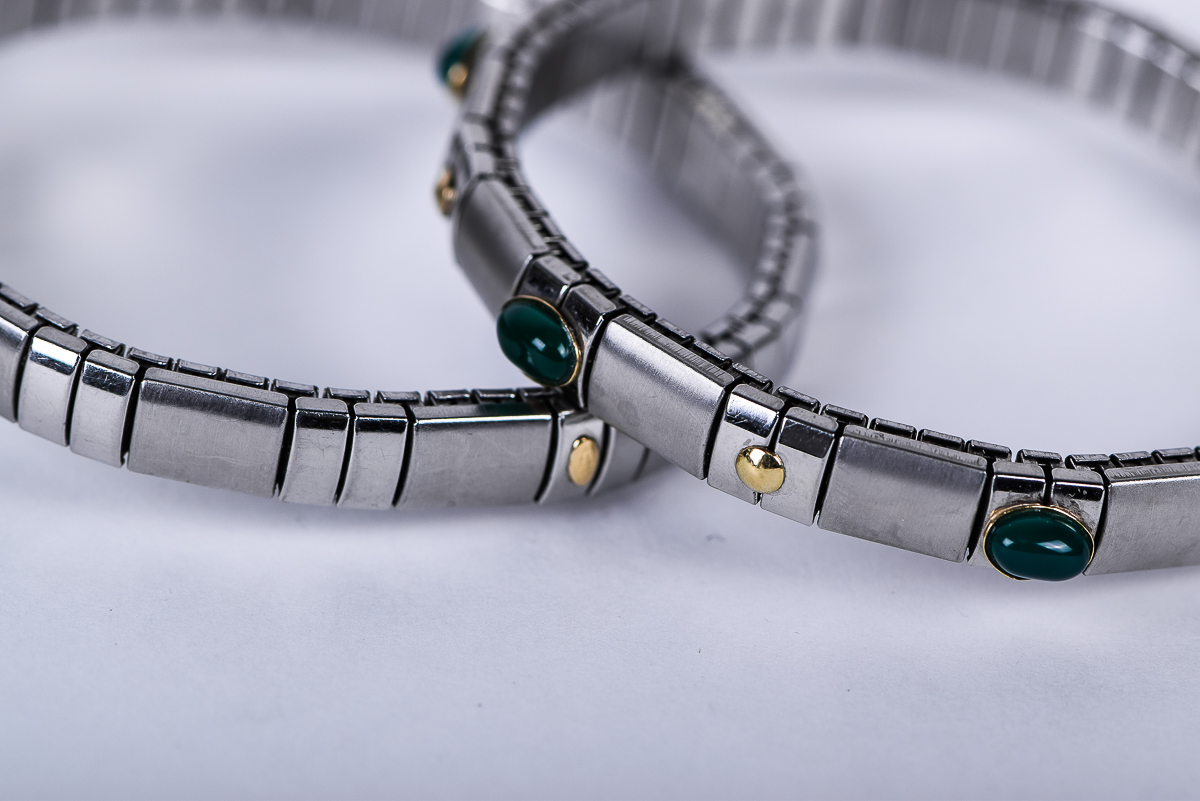 Set of Stainless Steel Stretch Bracelets With 18K Yellow Gold and Natural Stone Accents