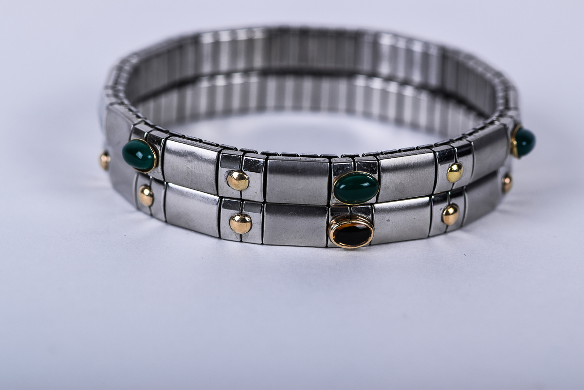 Set of Stainless Steel Stretch Bracelets With 18K Yellow Gold and Natural Stone Accents