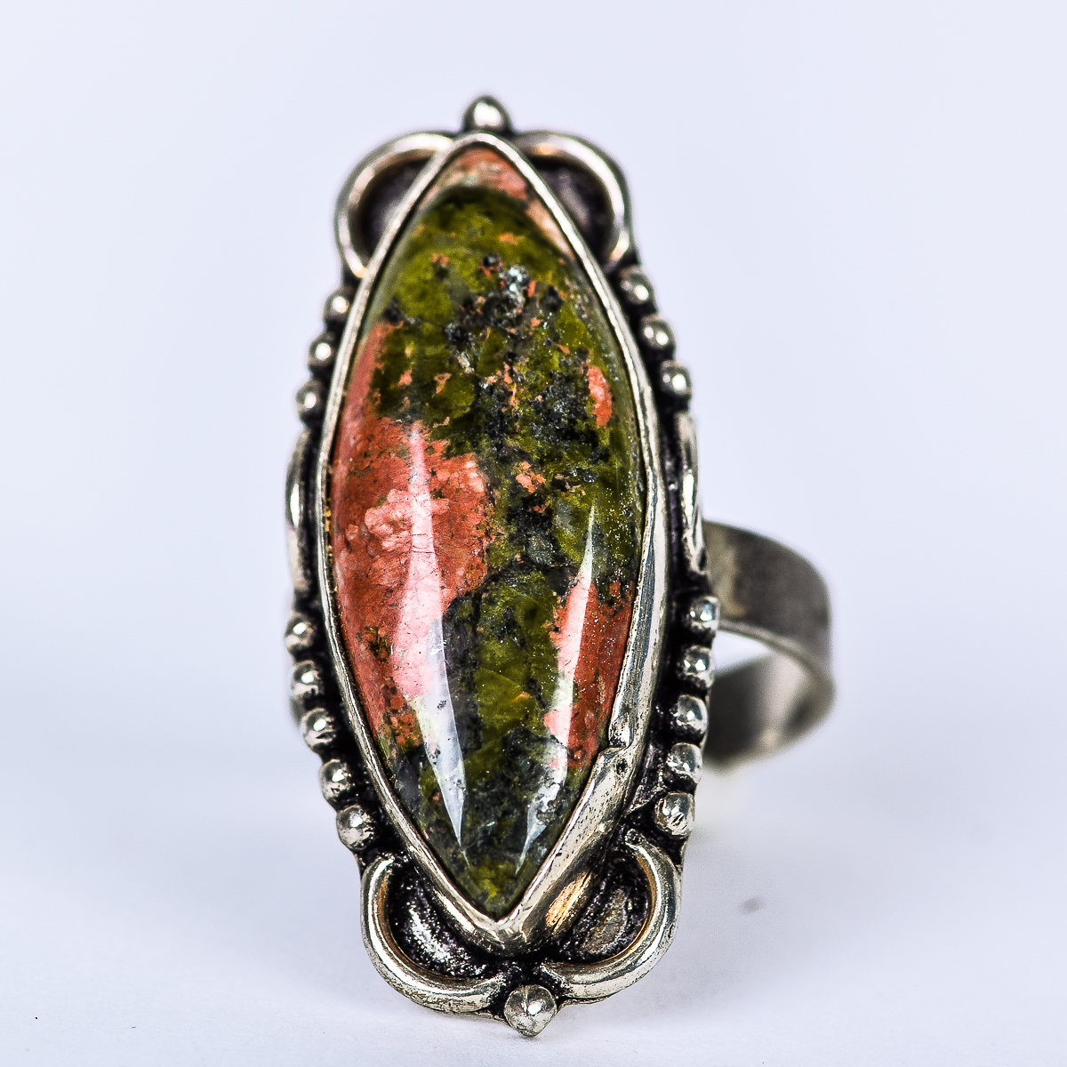 Sterling Silver and Unakite Navette Ring