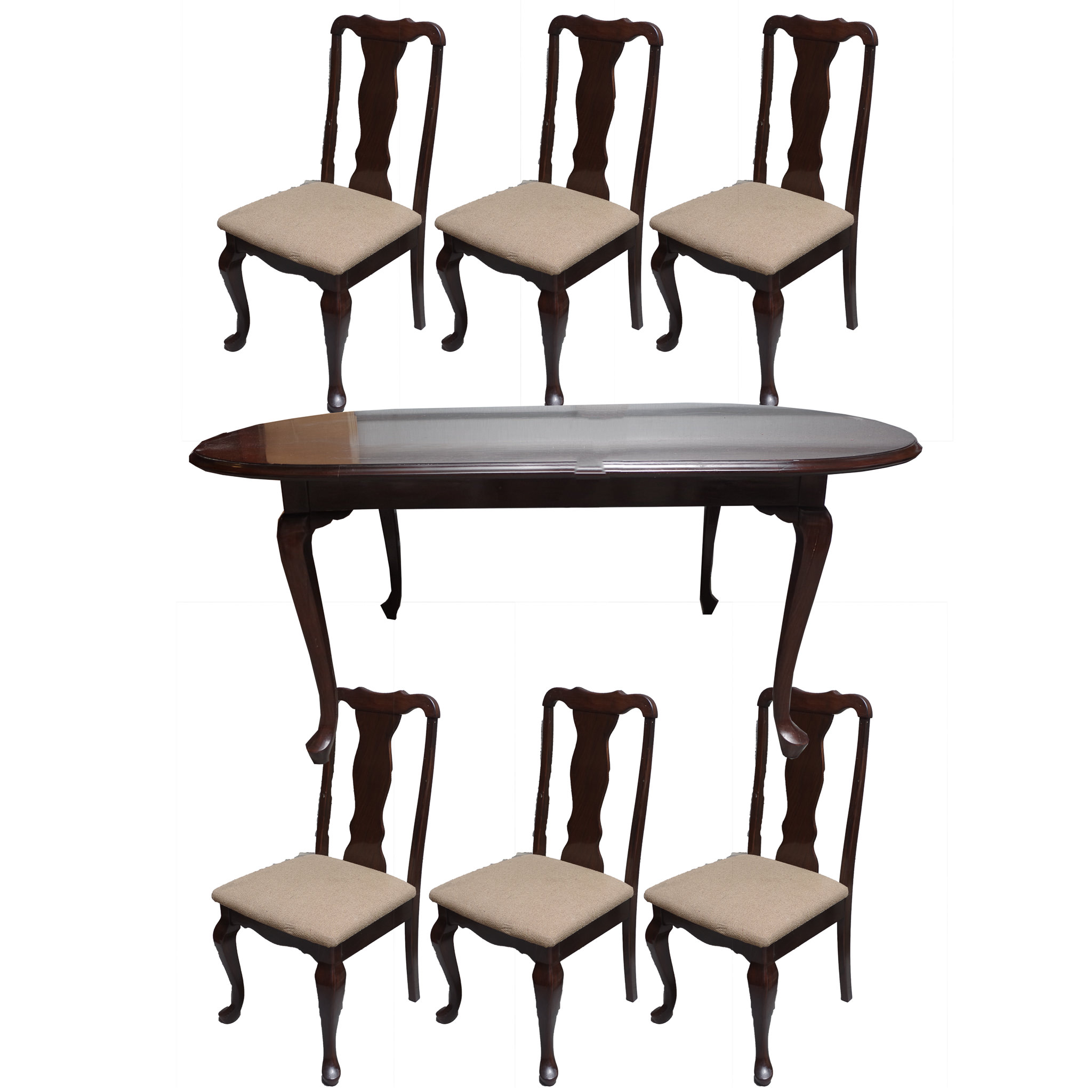 Queen Anne Style Oval Dining Table and Six Chairs