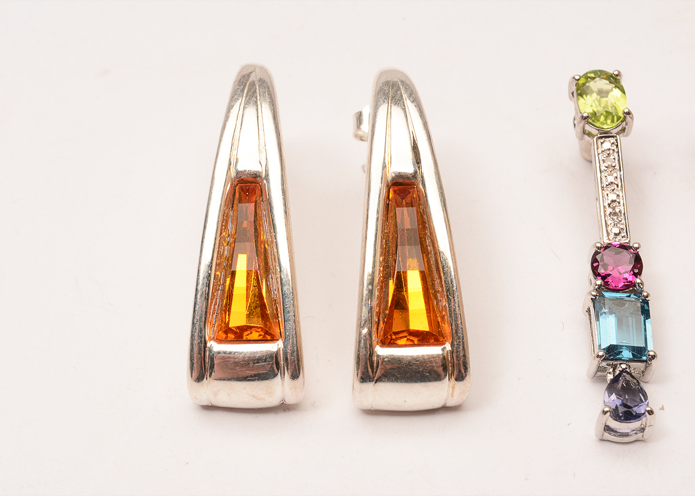 Two Pairs of Sterling Silver Earrings with Diamonds and Multi Stones