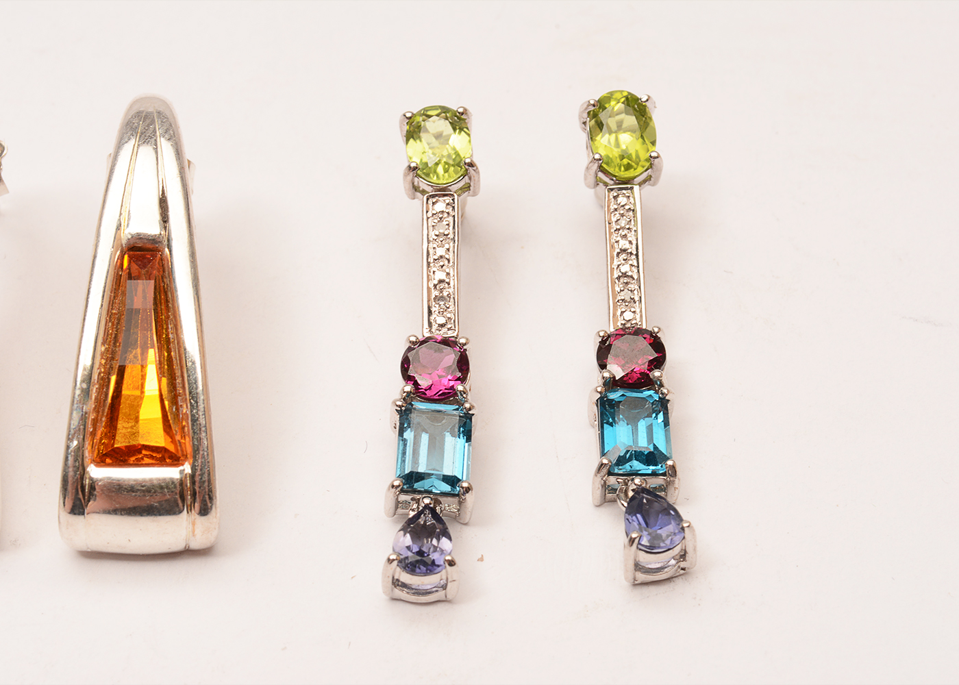 Two Pairs of Sterling Silver Earrings with Diamonds and Multi Stones