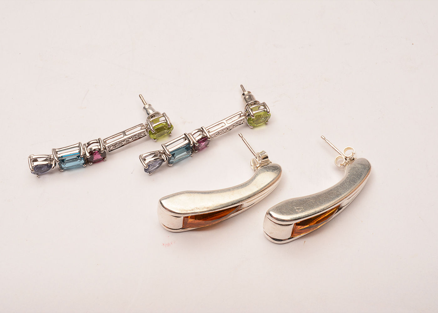 Two Pairs of Sterling Silver Earrings with Diamonds and Multi Stones