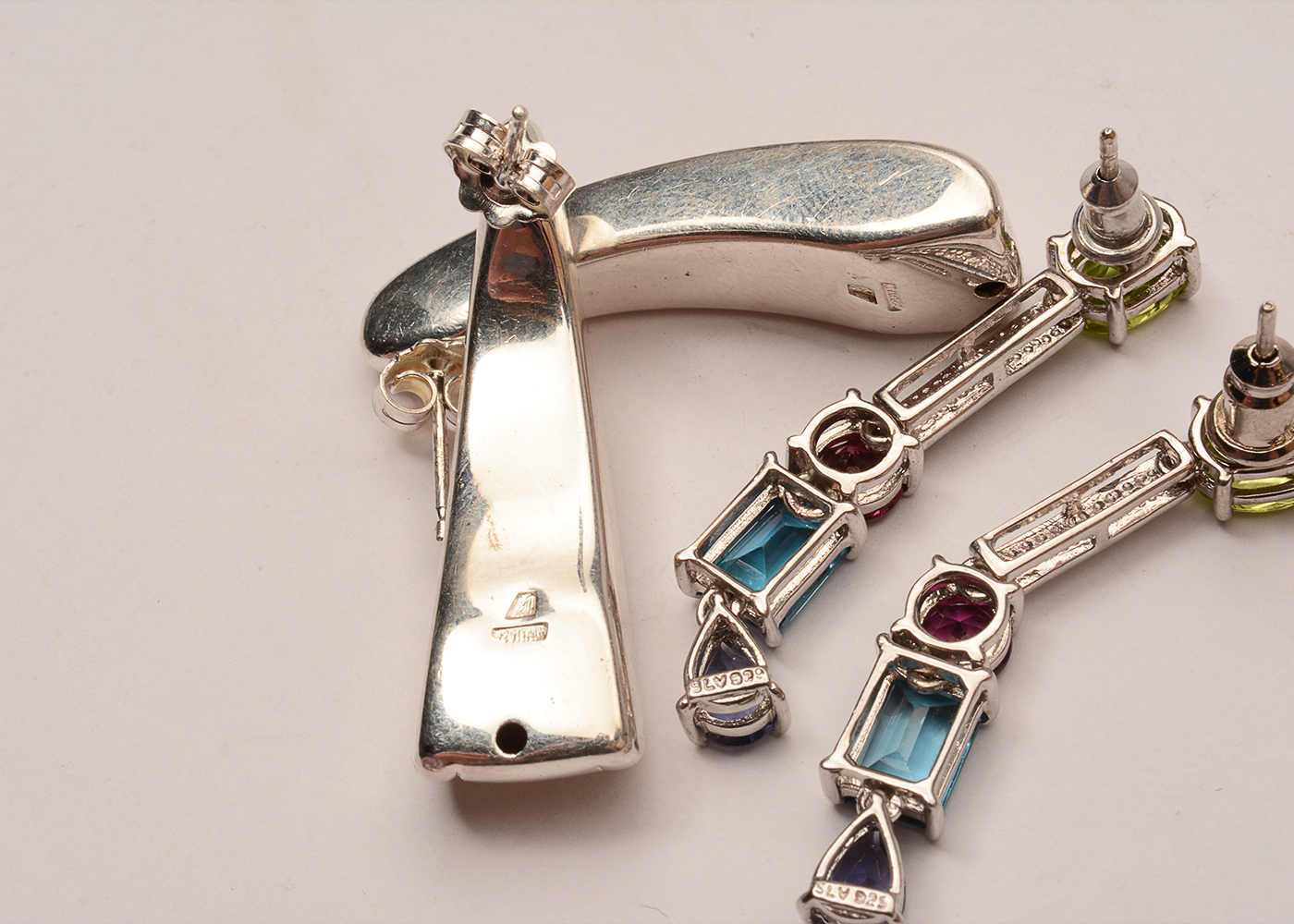 Two Pairs of Sterling Silver Earrings with Diamonds and Multi Stones