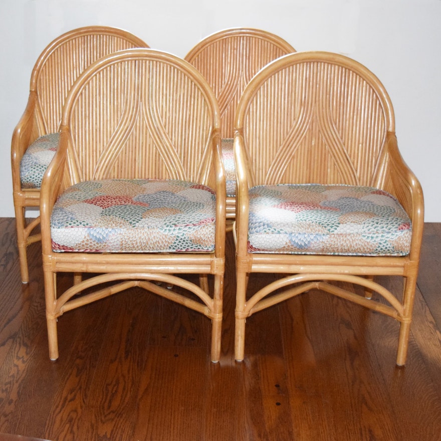 Four Blonde Bentwood and Rattan Club Chairs