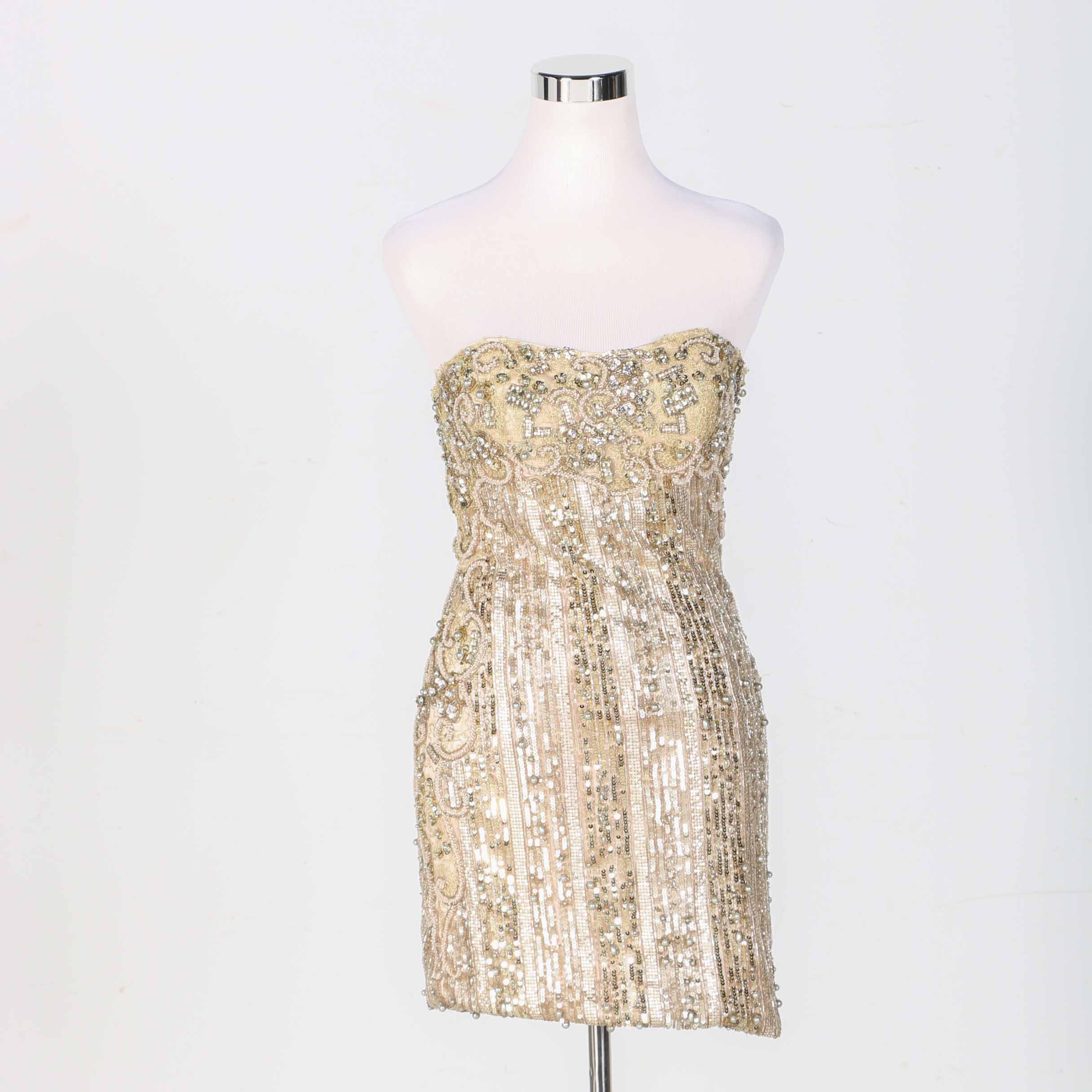 Gold Tone Beaded And Sequined Mini Dress