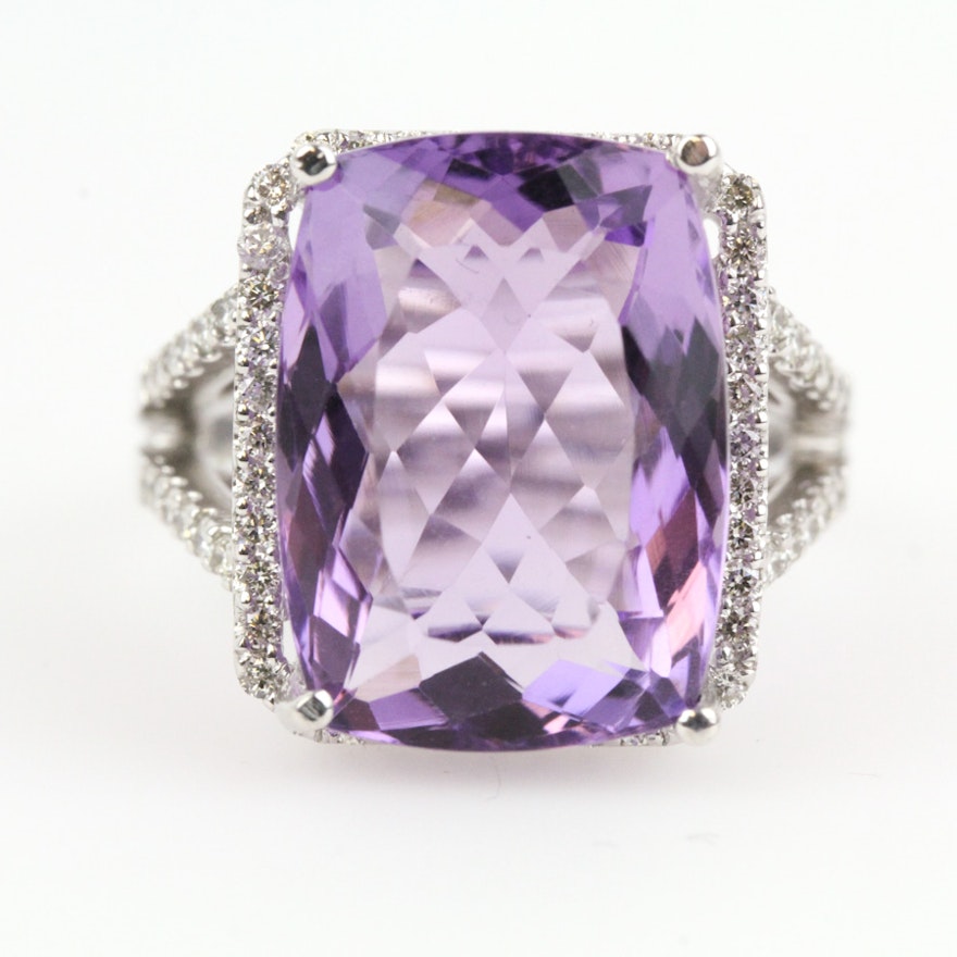 14K White Gold, Amethyst, and 1.10 CTW Diamond Cathedral Ring