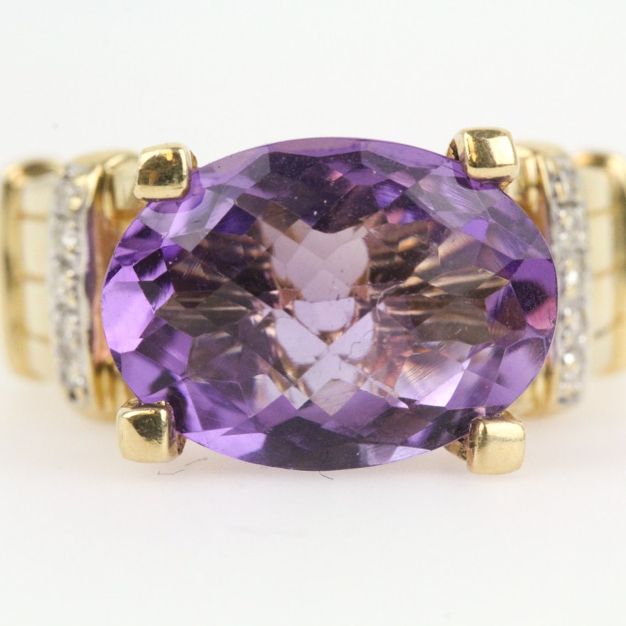 14K Yellow Gold, Amethyst, and Diamond Cocktail Ring