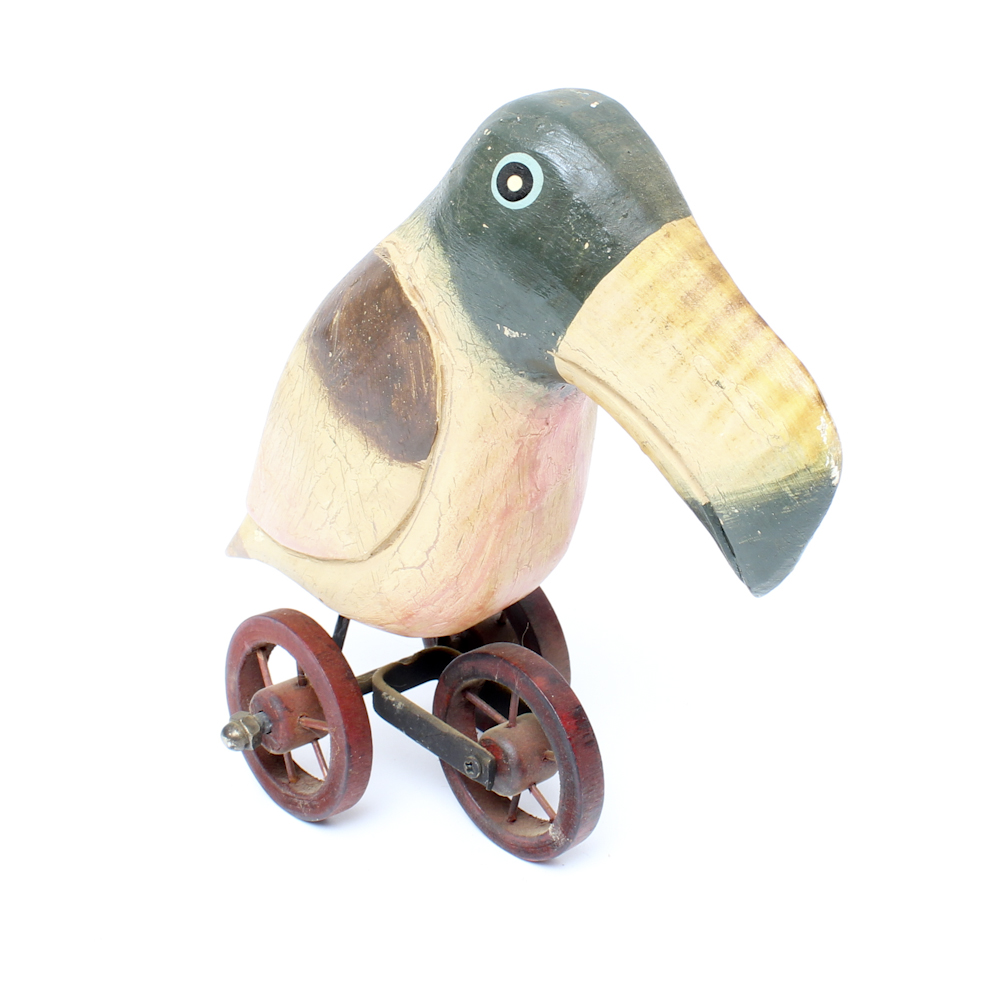 Vintage Handcrafted Wood Toucan on Wheels Toy