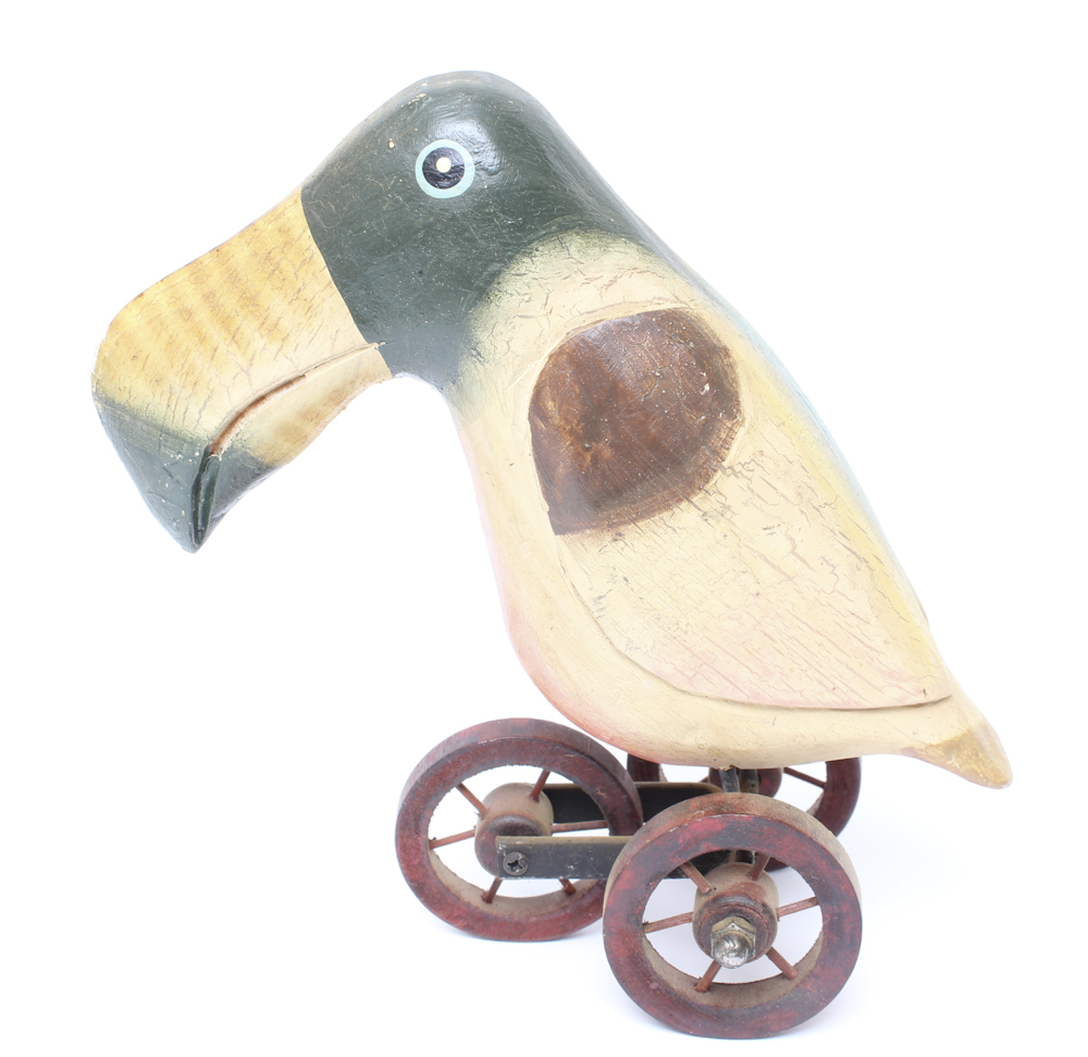 Vintage Handcrafted Wood Toucan on Wheels Toy