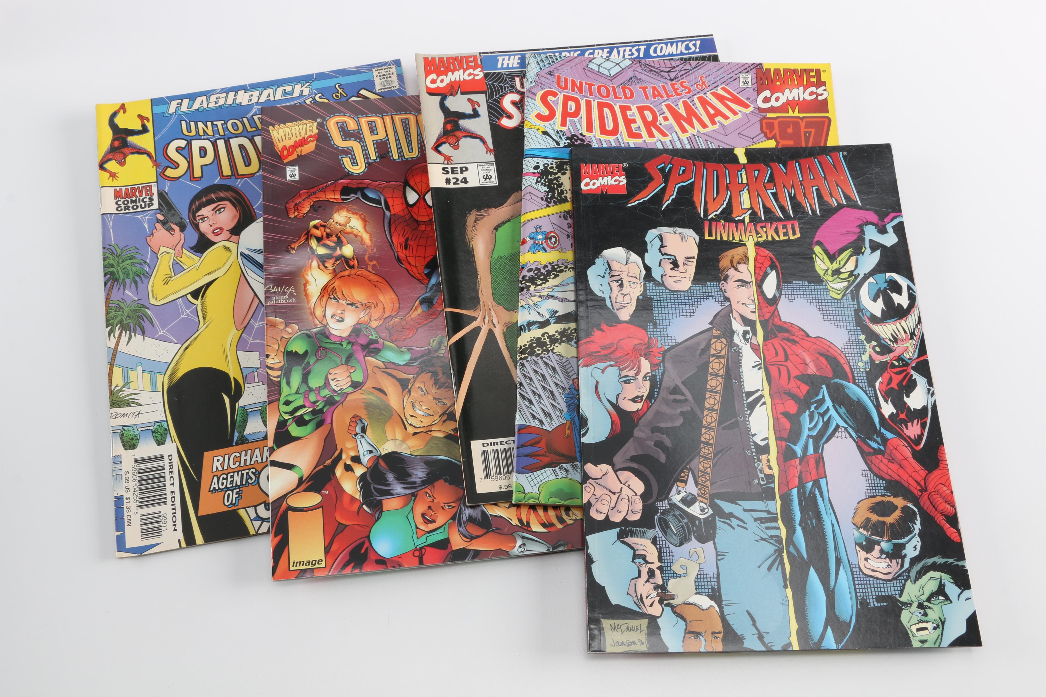 Modern Age and Bronze Age Spider Man Comics Featuring "Marvel Team Up" Issue 100