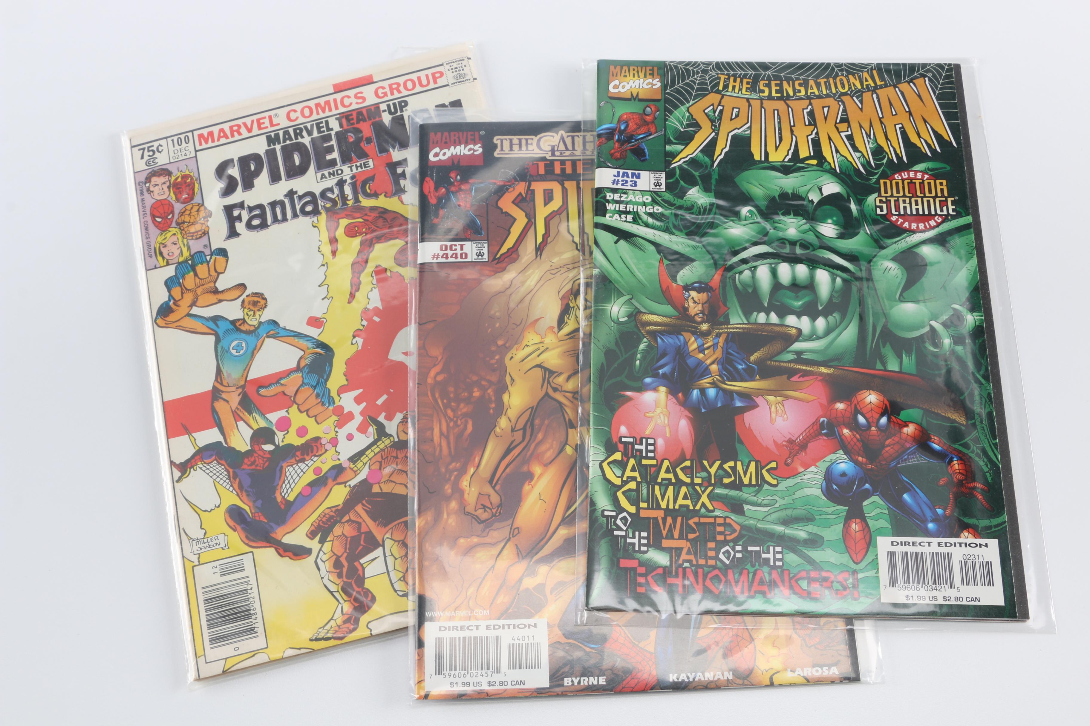 Modern Age and Bronze Age Spider Man Comics Featuring "Marvel Team Up" Issue 100