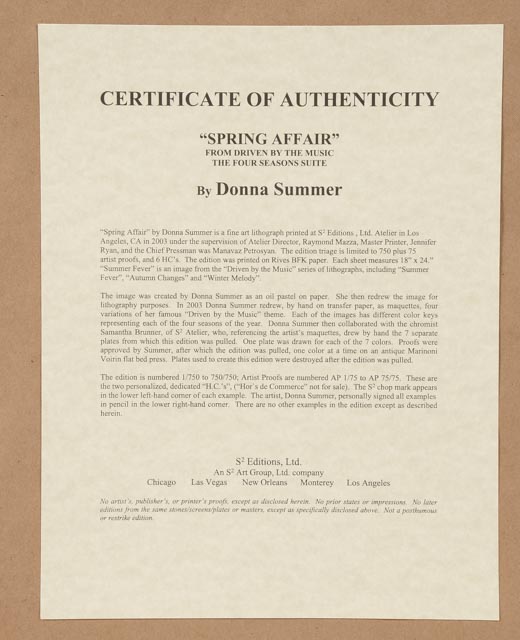 Donna Summer Signed Limited Edition 2003 Color Lithograph "Spring Affair"