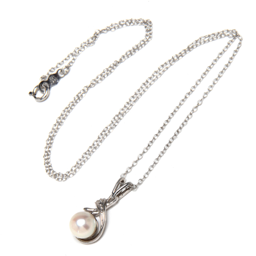 14K White Gold Cultured Akoya Pearl and Diamond Openwork Pendant Necklace