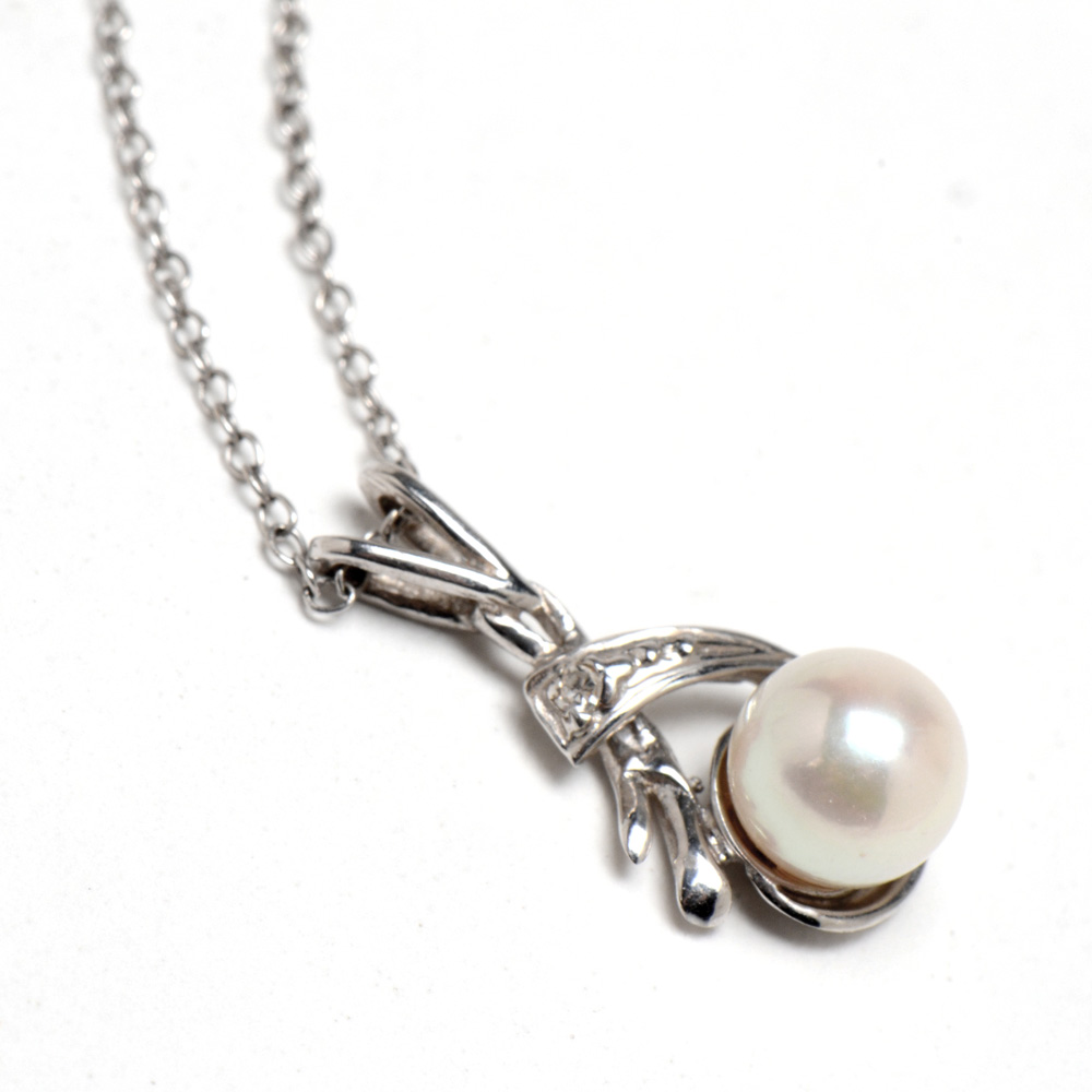 14K White Gold Cultured Akoya Pearl and Diamond Openwork Pendant Necklace