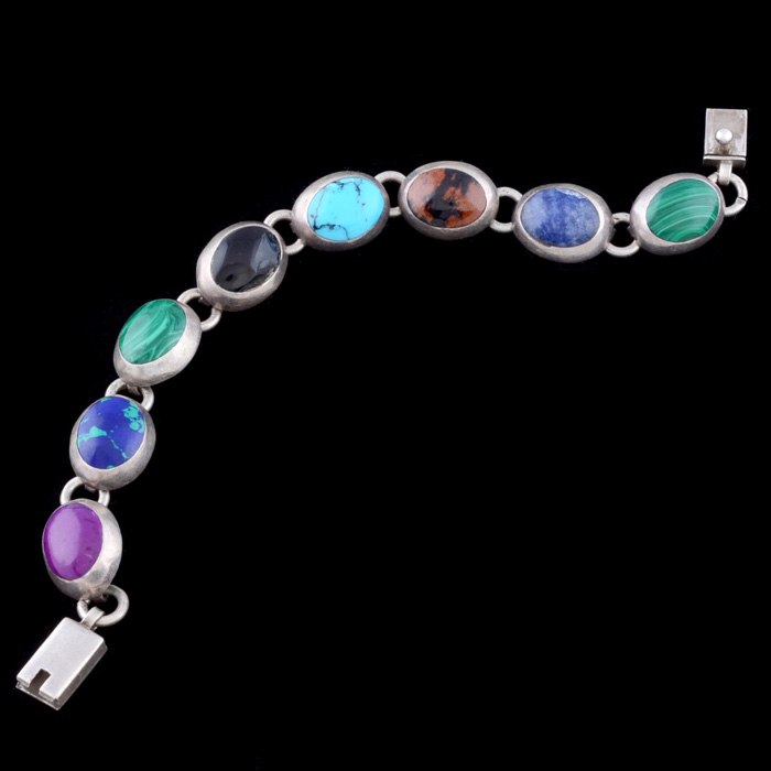 Mexican Sterling Silver and Multicolored Stone Cabochon Bracelet