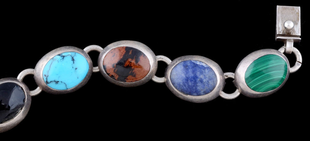 Mexican Sterling Silver and Multicolored Stone Cabochon Bracelet