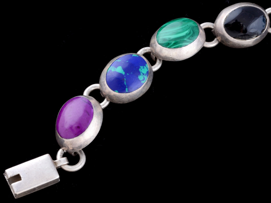 Mexican Sterling Silver and Multicolored Stone Cabochon Bracelet