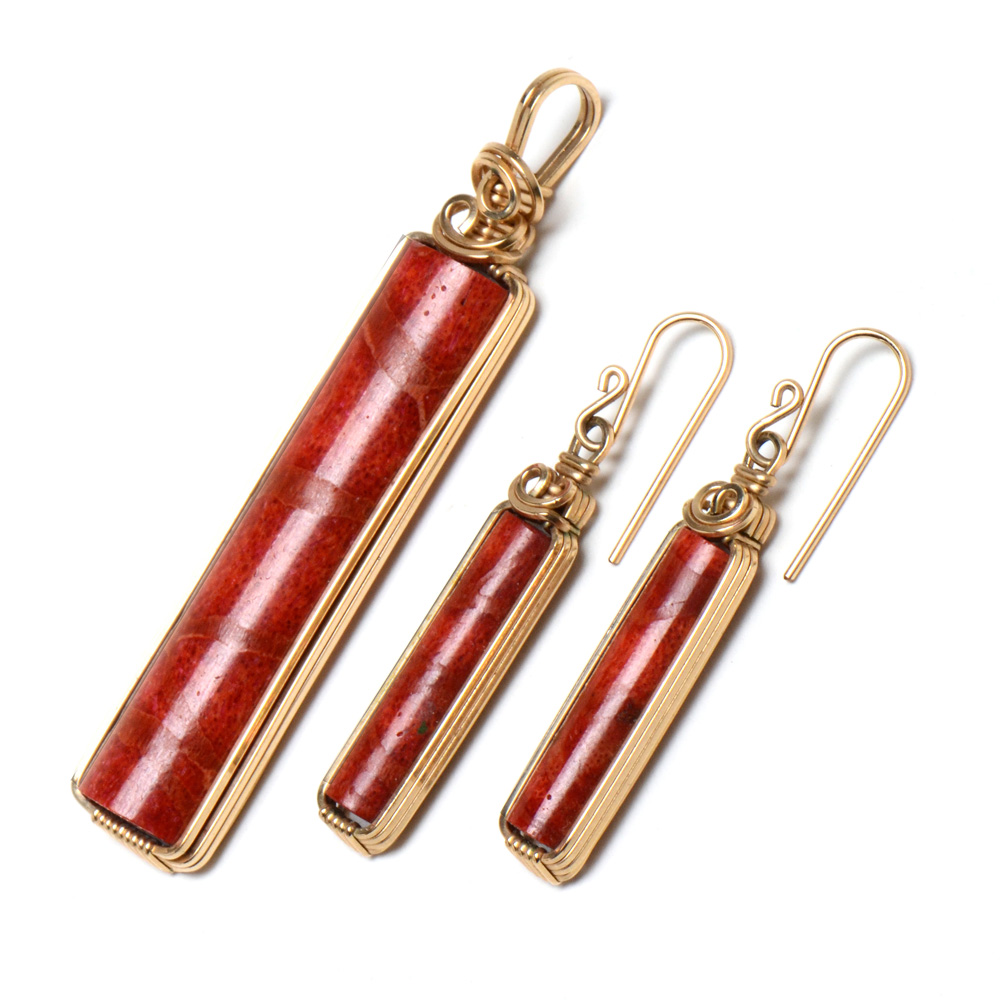 Gold Filled Pendant and Dangle Earrings with Compressed, Dyed and Filled Coral