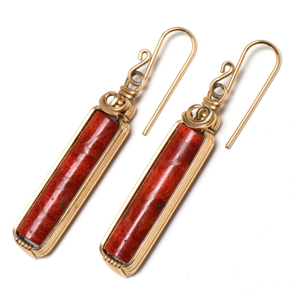 Gold Filled Pendant and Dangle Earrings with Compressed, Dyed and Filled Coral