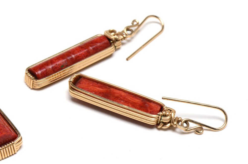 Gold Filled Pendant and Dangle Earrings with Compressed, Dyed and Filled Coral
