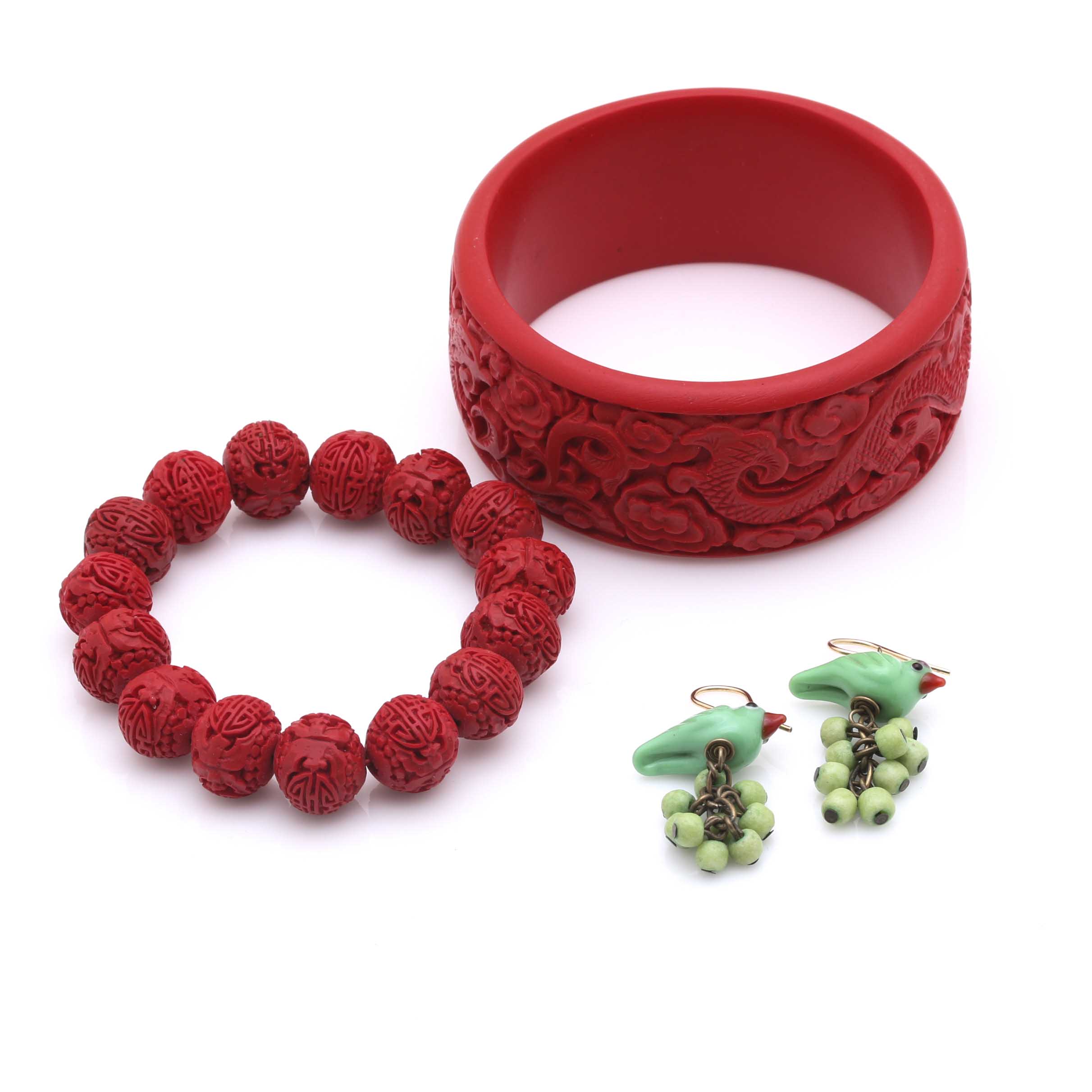 Cinnabar Bracelets and Glass Bead Earrings