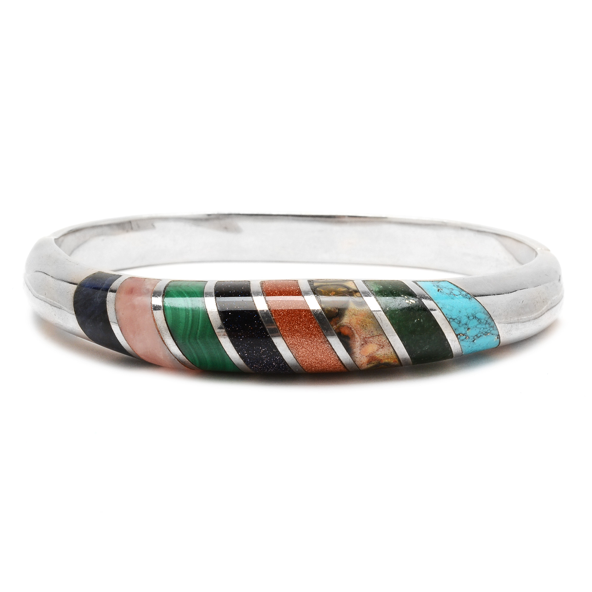 Vintage Taxco Mexico Heavy Sterling Silver Multi-Color Stone Inlaid Hinge Bracelet