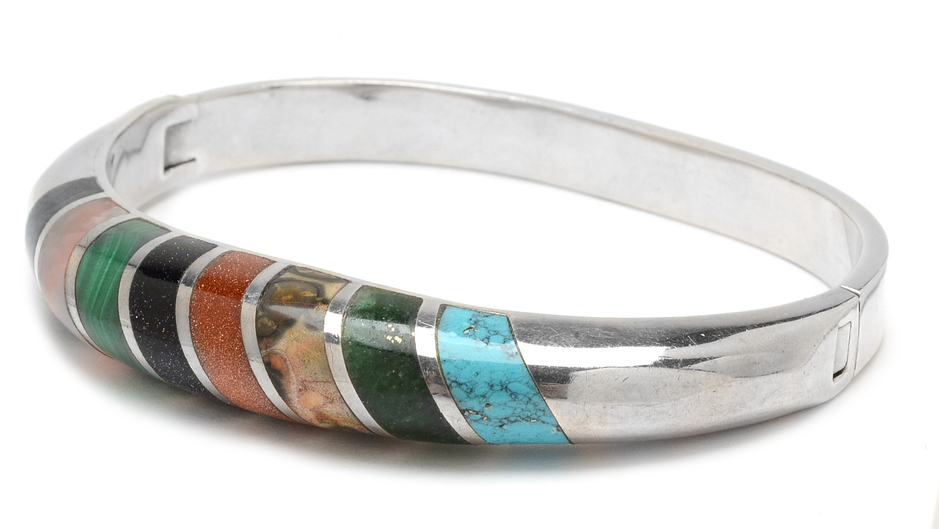Vintage Taxco Mexico Heavy Sterling Silver Multi-Color Stone Inlaid Hinge Bracelet