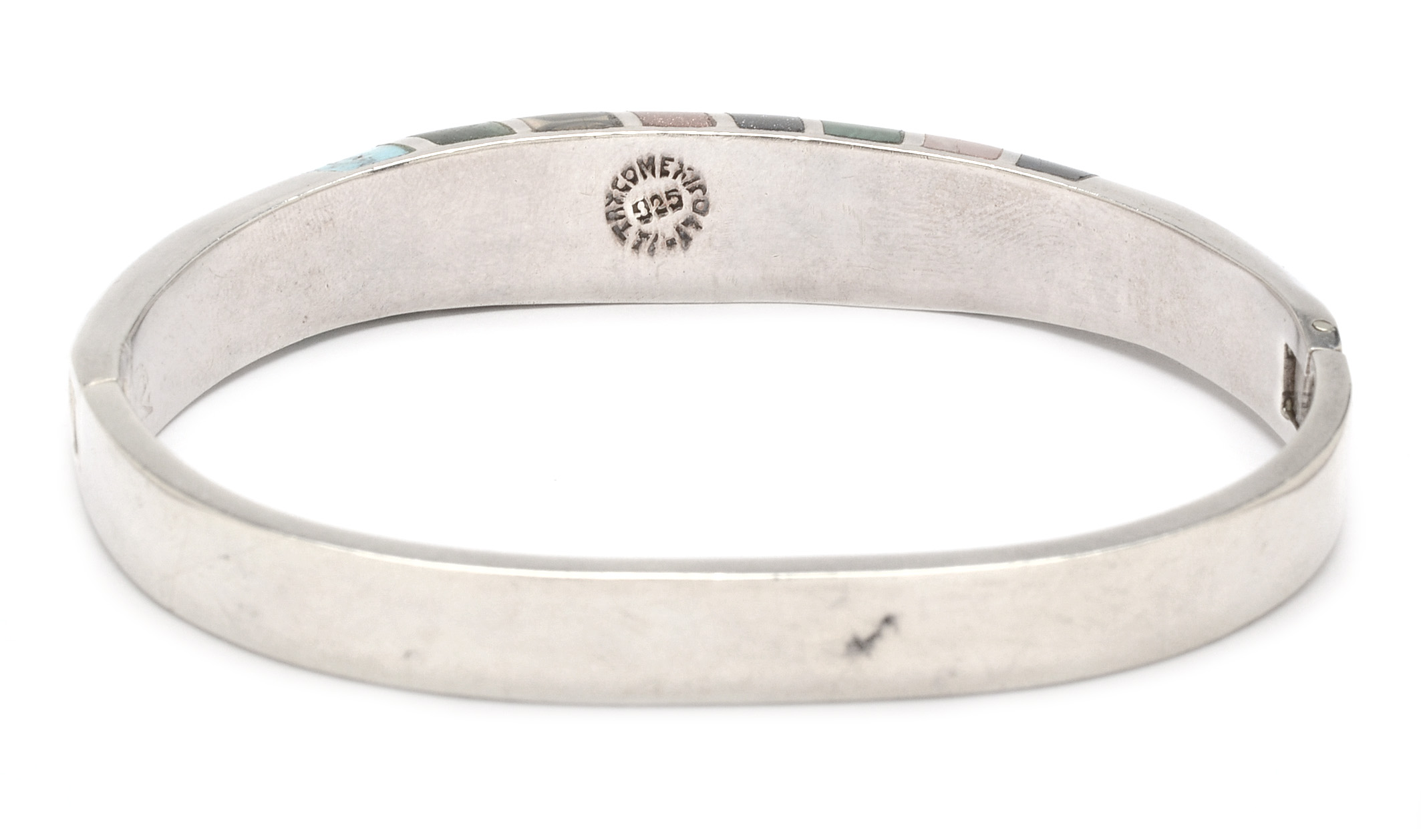 Vintage Taxco Mexico Heavy Sterling Silver Multi-Color Stone Inlaid Hinge Bracelet