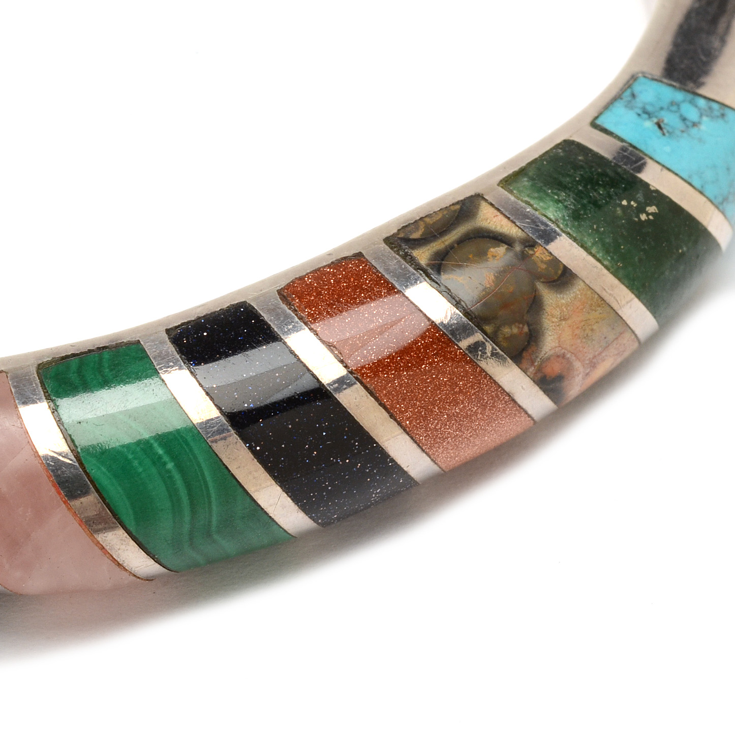 Vintage Taxco Mexico Heavy Sterling Silver Multi-Color Stone Inlaid Hinge Bracelet