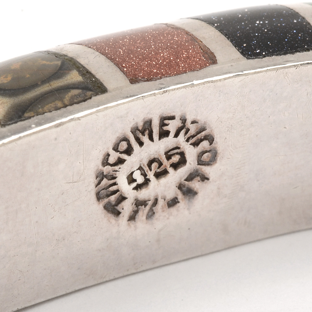 Vintage Taxco Mexico Heavy Sterling Silver Multi-Color Stone Inlaid Hinge Bracelet