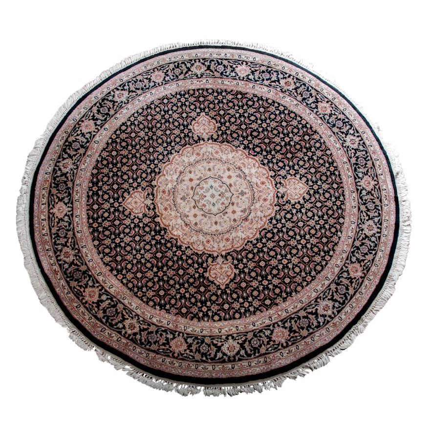 Hand-Knotted Circular Indo-Persian Wool Area Rug