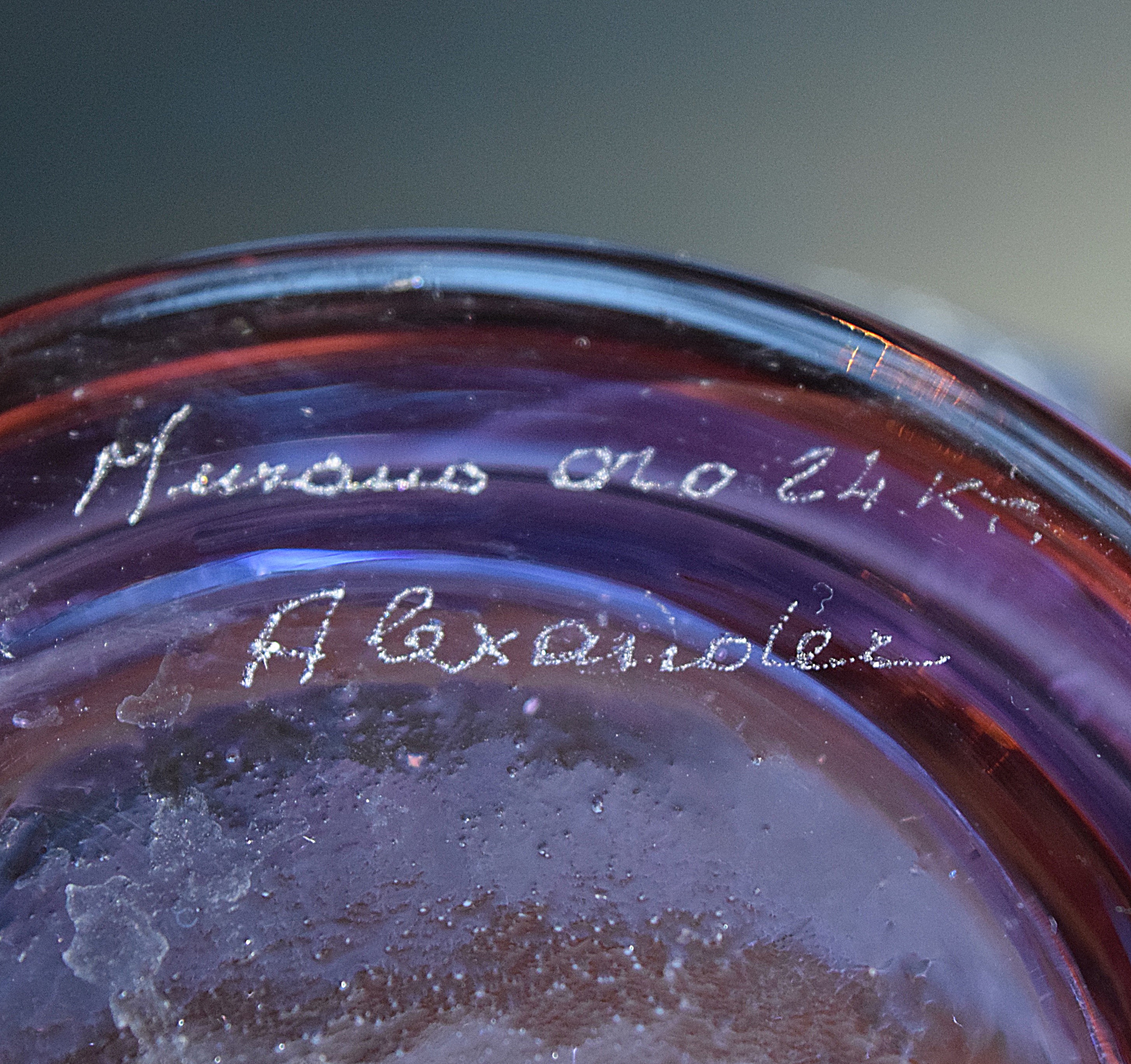 Neodymium/Alexandrite Murano Glass Punch Bowl and Cups, Signed