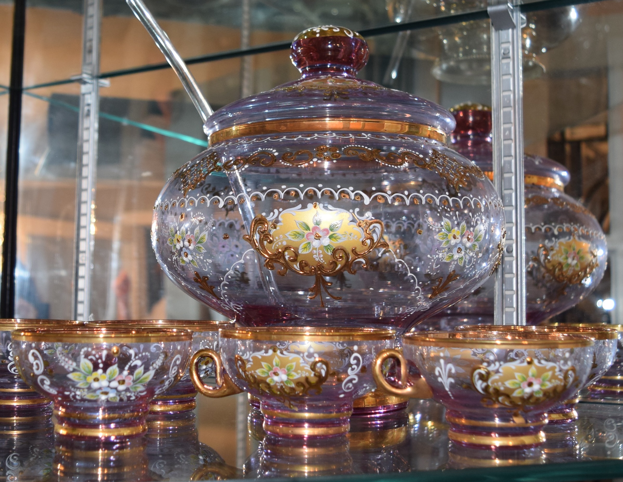 Neodymium/Alexandrite Murano Glass Punch Bowl and Cups, Signed